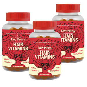 Pack de 3 mois des gummies Hair Vitamins par Easy Pouss. La durée idéale pour obtenir de bons résultats avec les compléments alimentaires pour la pousse des cheveux.